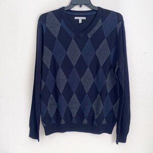 Nordstrom Extra Fine Merino Wool Sweater Mens XL Blue Argyle Long Sleeve V Neck